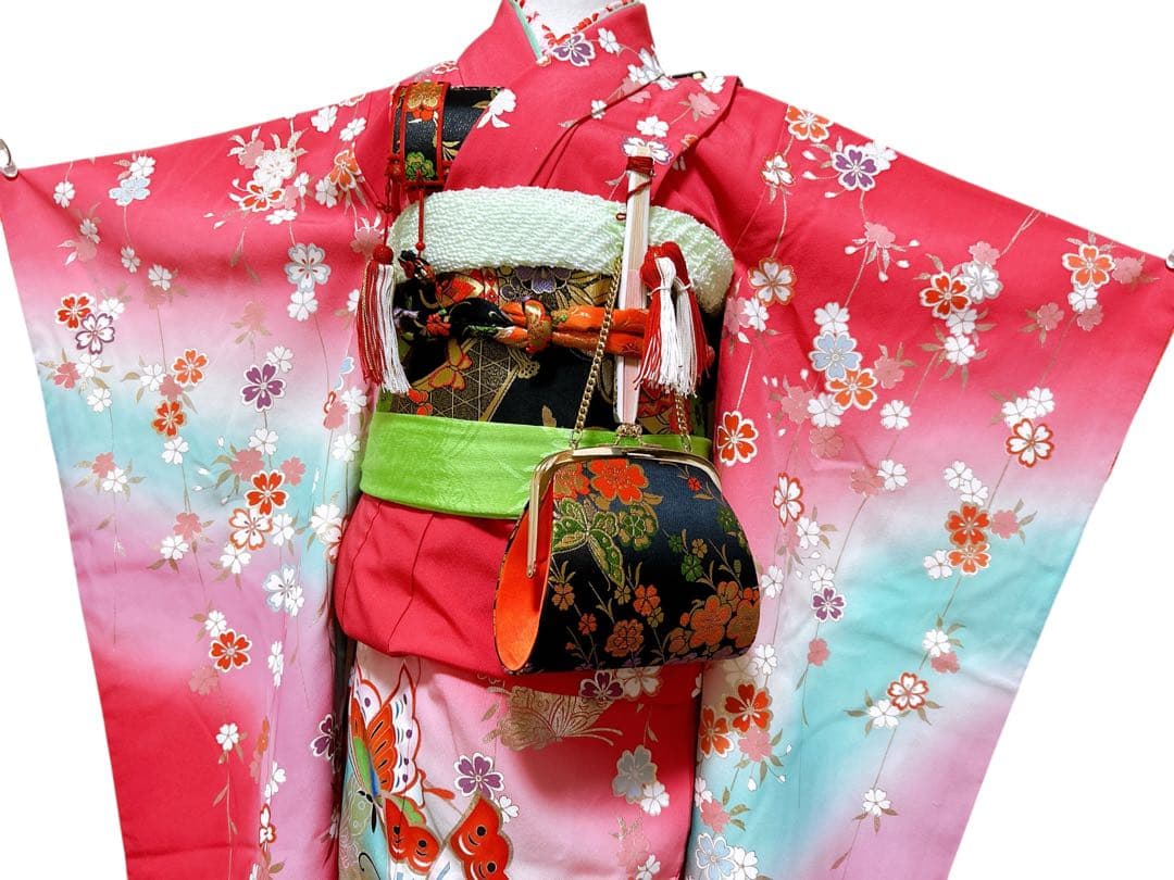 正絹フルセット♡七五三　7歳　女の子　一式　ピンク系　黒　枝垂れ桜
