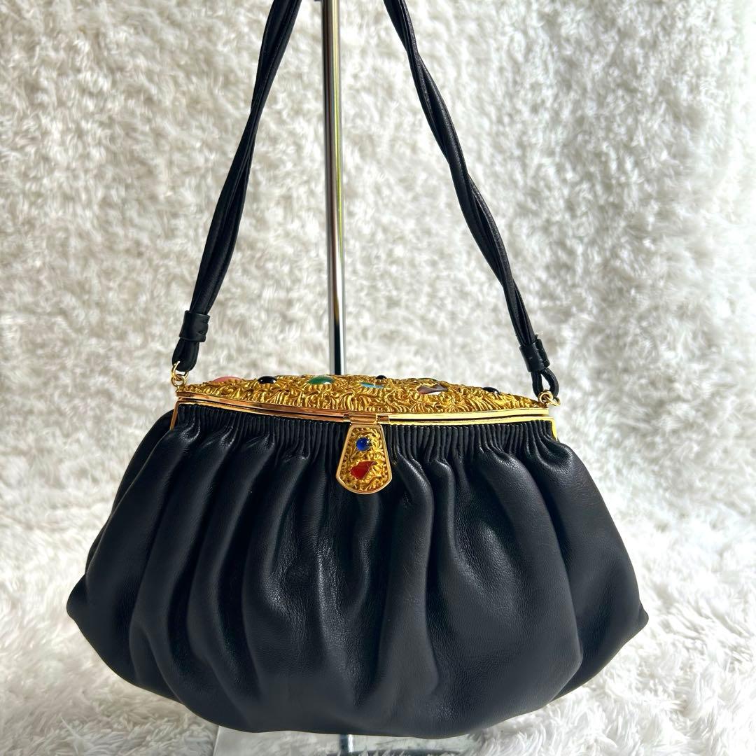 【美品】ハマノ ハンドバッグ サンピエトロ がま口 ビジュー ブラック　レザー