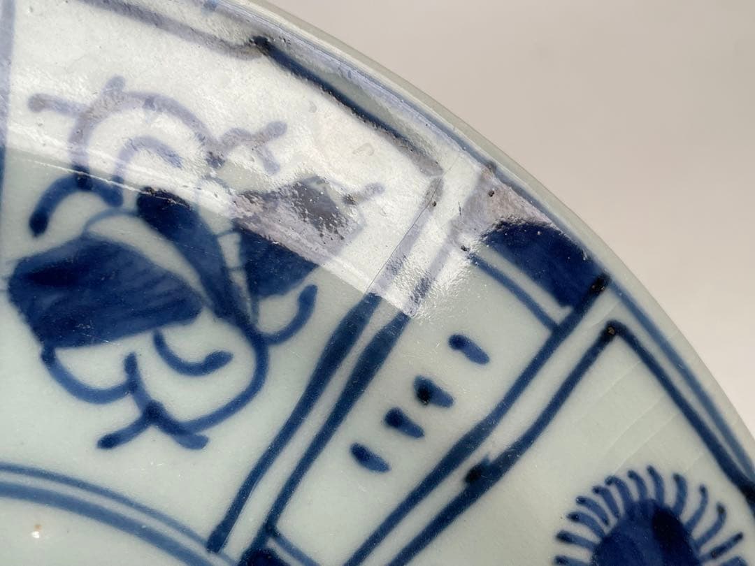 骨董　アンティーク　古伊万里　染付　芙蓉手　飛蝗図　七寸皿　箱付き　渦福