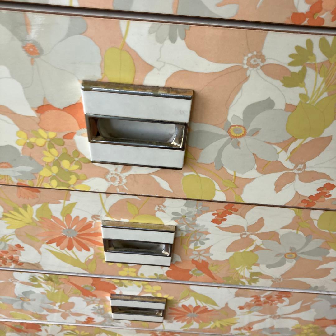 昭和レトロ 花柄 木製チェスト 7段タンス 古家具 ビンテージ ヴィンテージ 橙