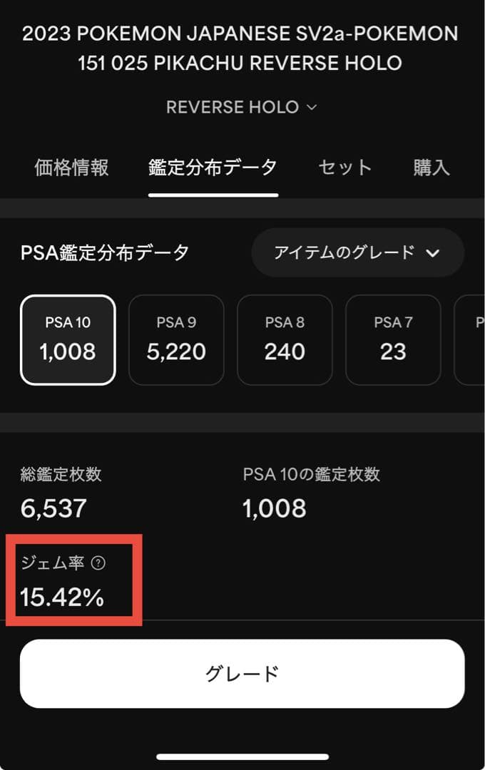 【PSA10】ピカチュウ モンスターボールミラー　取得率15.42%