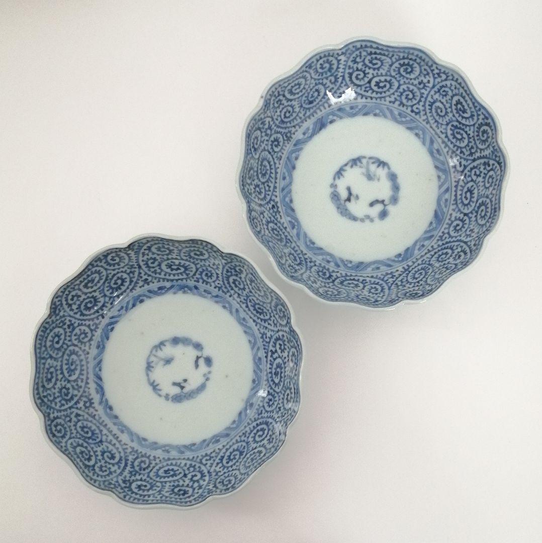 古伊万里　江戸中期　染付　蛸唐草　なます皿　２客