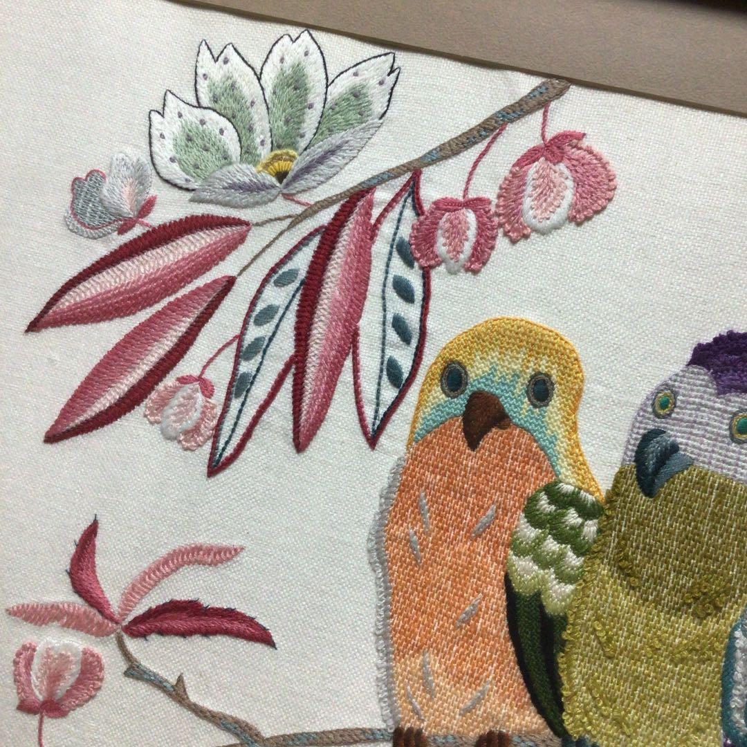 手刺しゅう　額　鳥