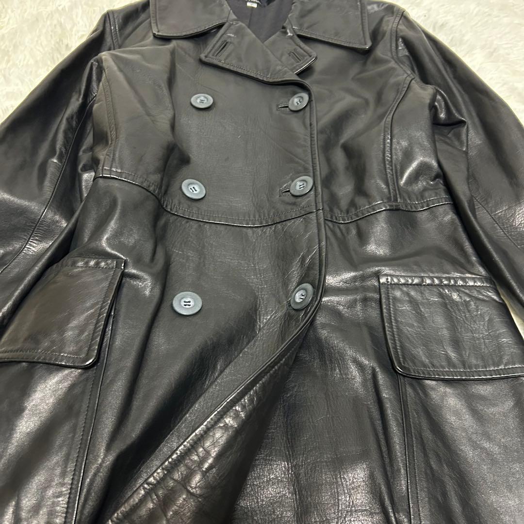 超希少　丈120cm超　牛革　ロング　ダブルチェスターコート　黒
