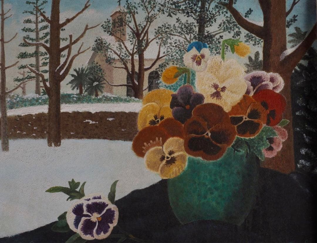 【模写】岡鹿之助「遊蝶花」油彩 54×62cm 文化勲章作家 送料込み