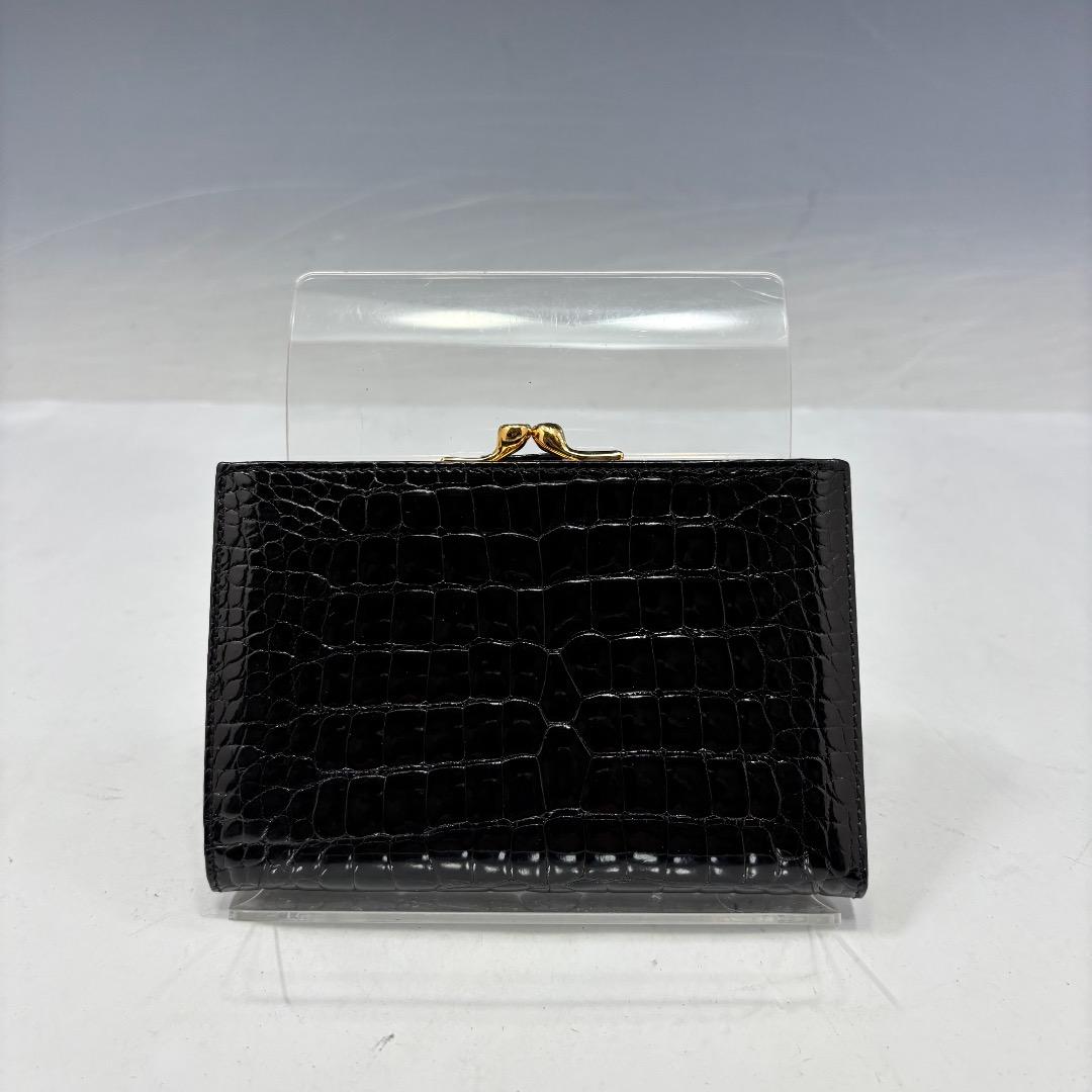 美品【グッチ本物】2つ折り財布/クロコダイル本革/レザー/ブラック/がま口