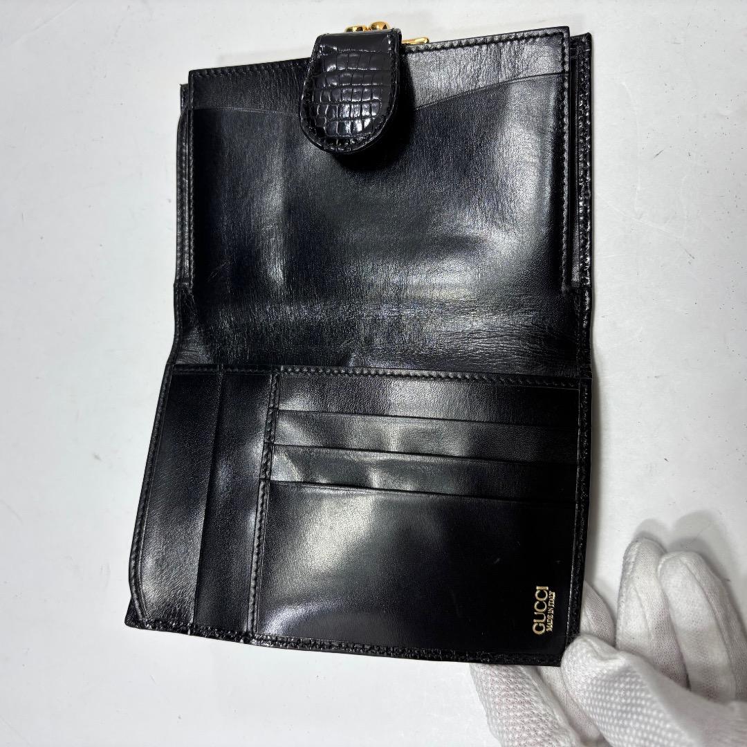 美品【グッチ本物】2つ折り財布/クロコダイル本革/レザー/ブラック/がま口