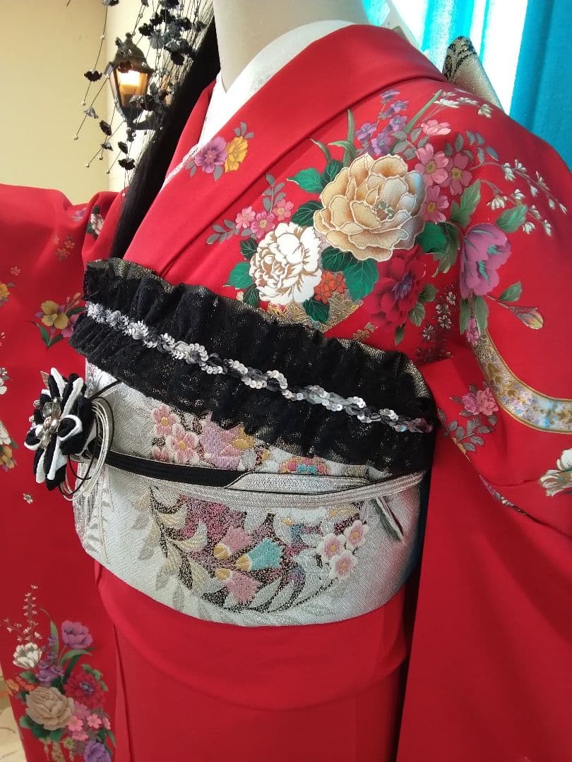 振袖フルセット、正絹振袖落款、成人式、重ね衿帯揚げ帯締、西陣袋帯ガード加工、襦袢