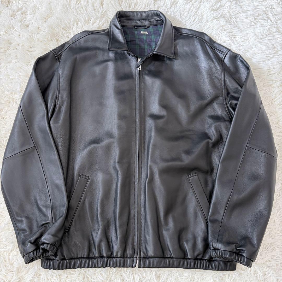 【美品】SHIPS XL レザージャケット シングル 襟付 裏地チェック 黒