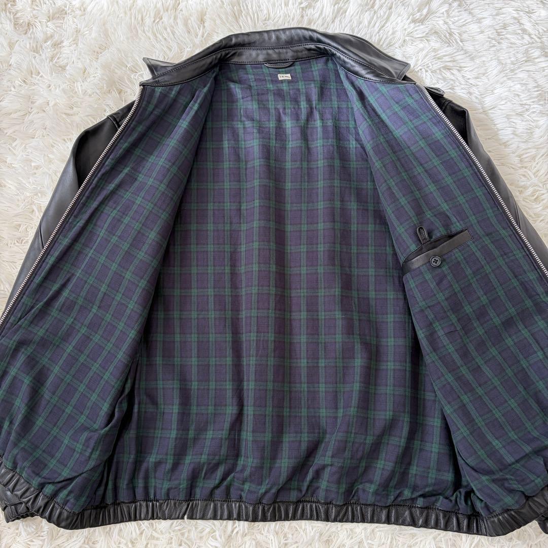【美品】SHIPS XL レザージャケット シングル 襟付 裏地チェック 黒