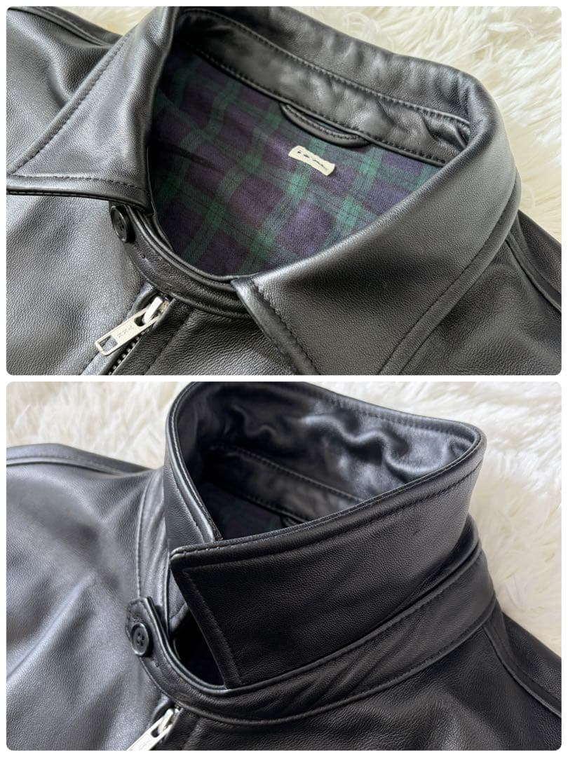 【美品】SHIPS XL レザージャケット シングル 襟付 裏地チェック 黒