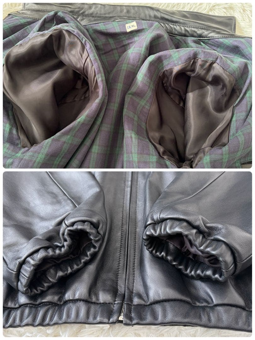 【美品】SHIPS XL レザージャケット シングル 襟付 裏地チェック 黒