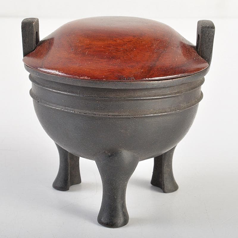 中国　古銅　双耳三つ足鼎　香炉　唐木蓋付　M　R7404