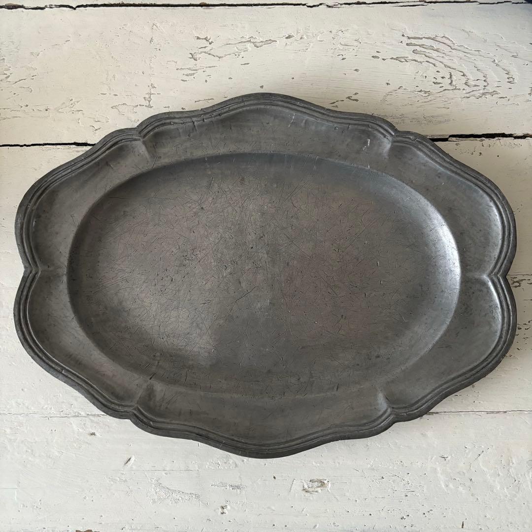 アンティーク ピューターオーバルプレート フランス 花リム