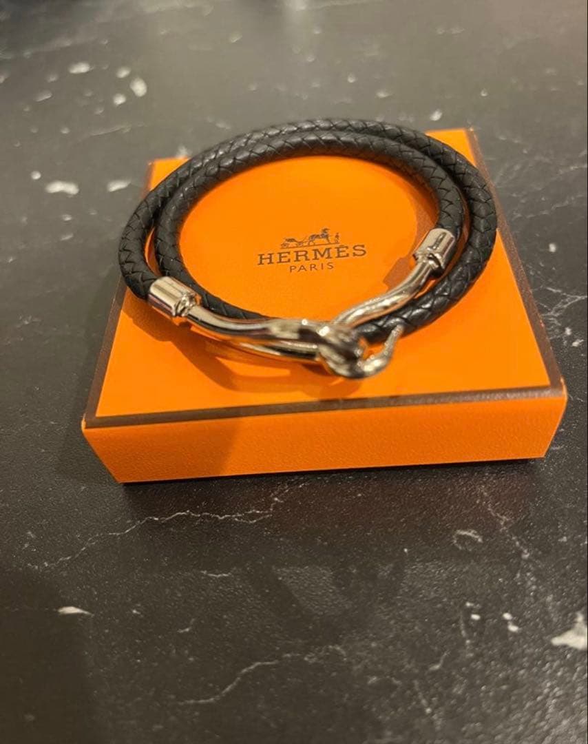 HERMES ブラック レザー ブレスレット ジャンボ