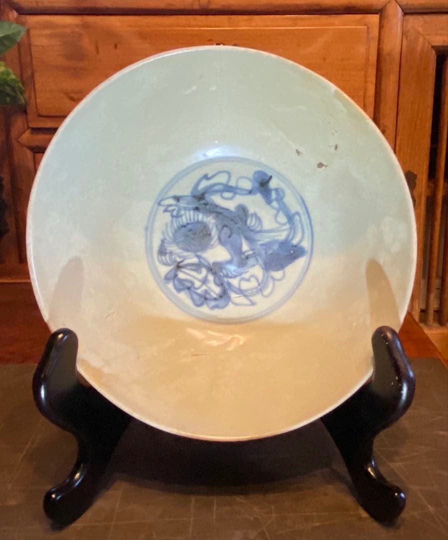 中国汕頭スワトウ　獅子絵皿　鑑賞台付 沈船品ヴィンテージ　レア ・台湾茶器
