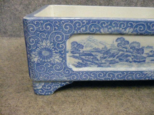 銅版 花唐草に風景図 染付 水盤 [B31491]