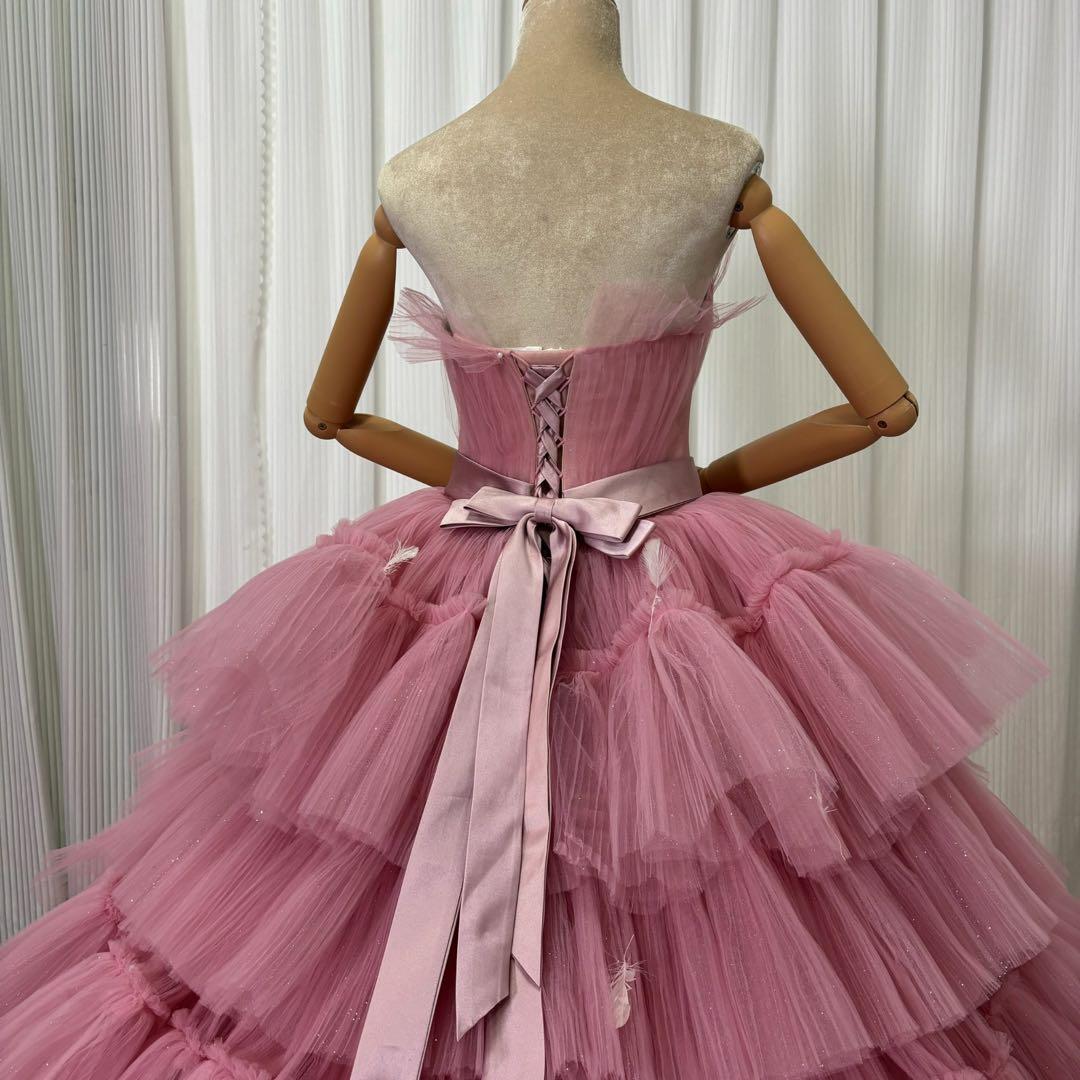【送料込】ピンク グリッター カラードレス パニエ付 ボリュームチュールドレス