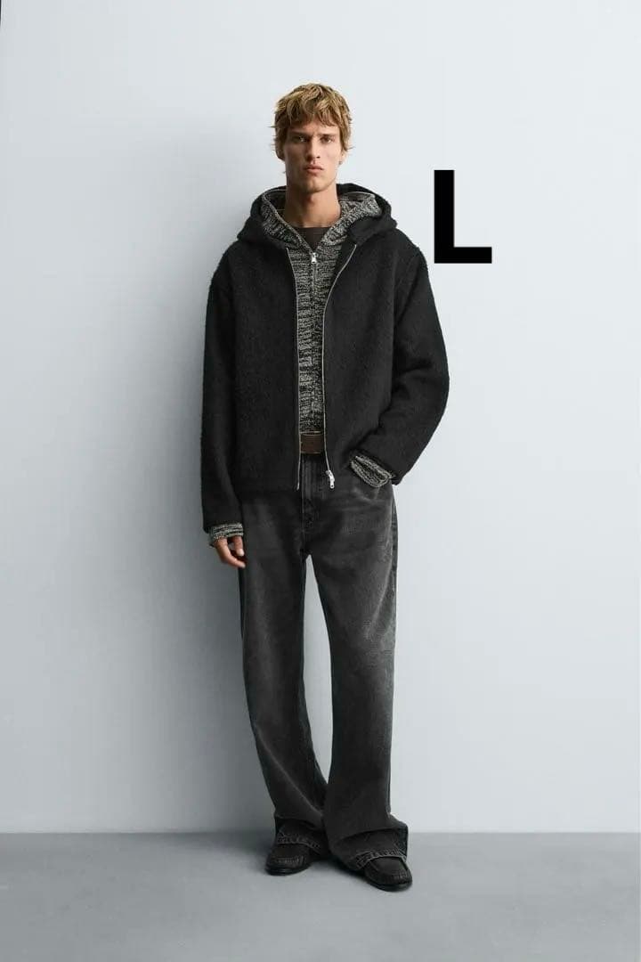 【ZARA】／アワレガ酷似／フェイクファーシャツジャケット フード付き L