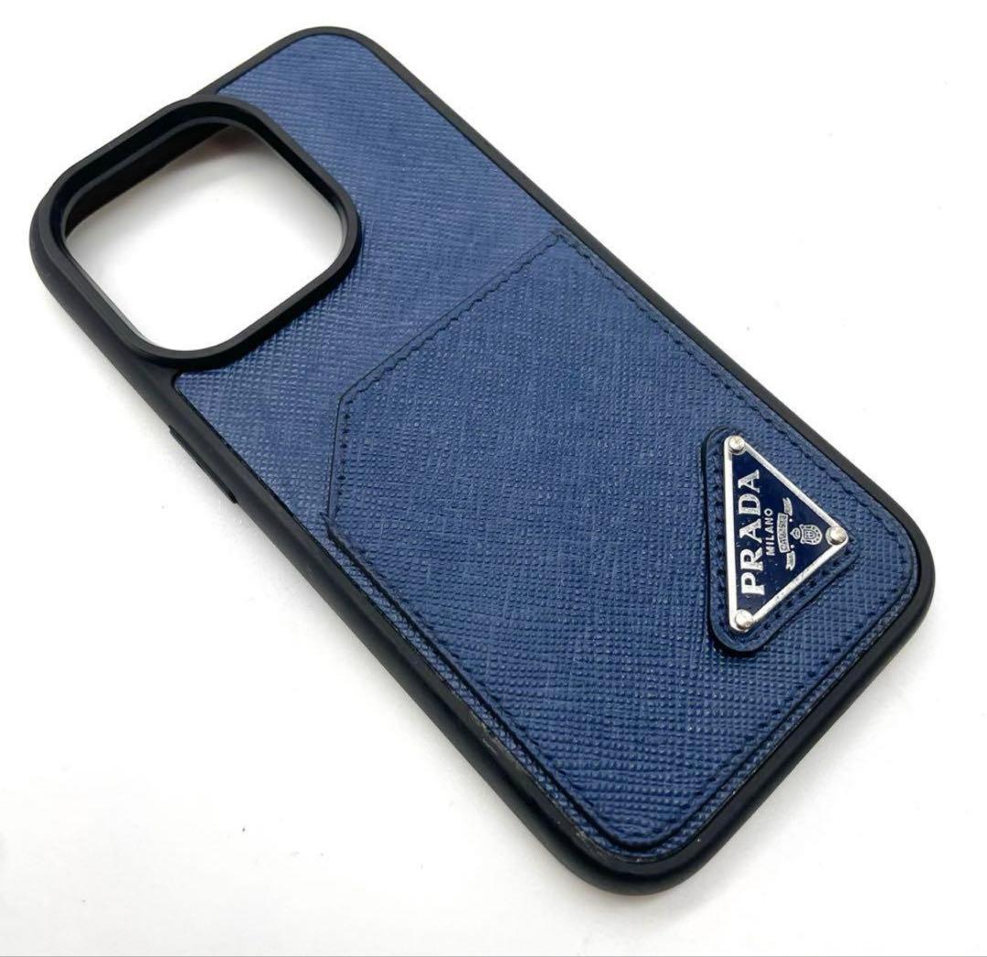 ✨プラダ iPhone14pro ケース 三角ロゴ レザー ブルー