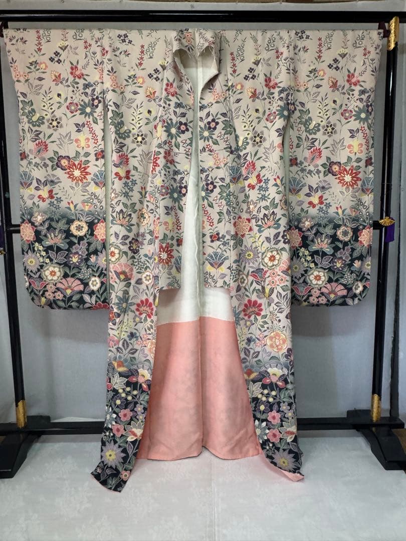 [美品] 振袖　正絹　縮緬　成人式　灰色　グレー　礼装　結婚式　高身長　パステル