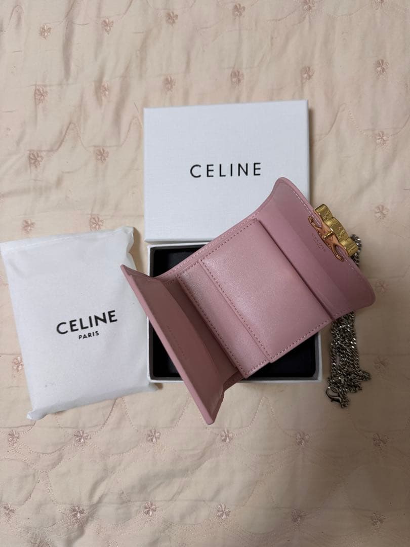 CELINE ピンク 三つ折り財布 チェーン付き