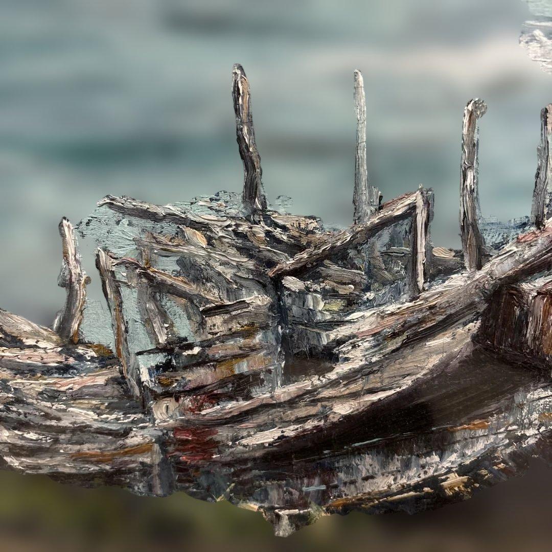 海と船の油彩画 白金フレーム付き　藤原　正幸　【廃船】　QW4348