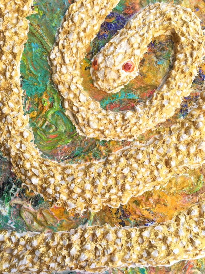 祈雨　白蛇　金色　神秘　絵　絵画　アクリル画　原画　　額付き　インテリアアート