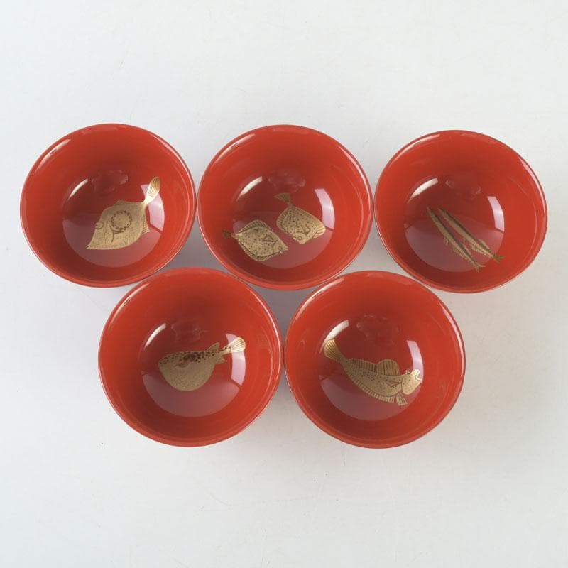 和食器　茶懐石　輪島塗　輪島屋本店謹製　朱塗魚蒔絵　盃　五客　共箱　V　9712