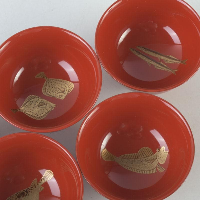 和食器　茶懐石　輪島塗　輪島屋本店謹製　朱塗魚蒔絵　盃　五客　共箱　V　9712