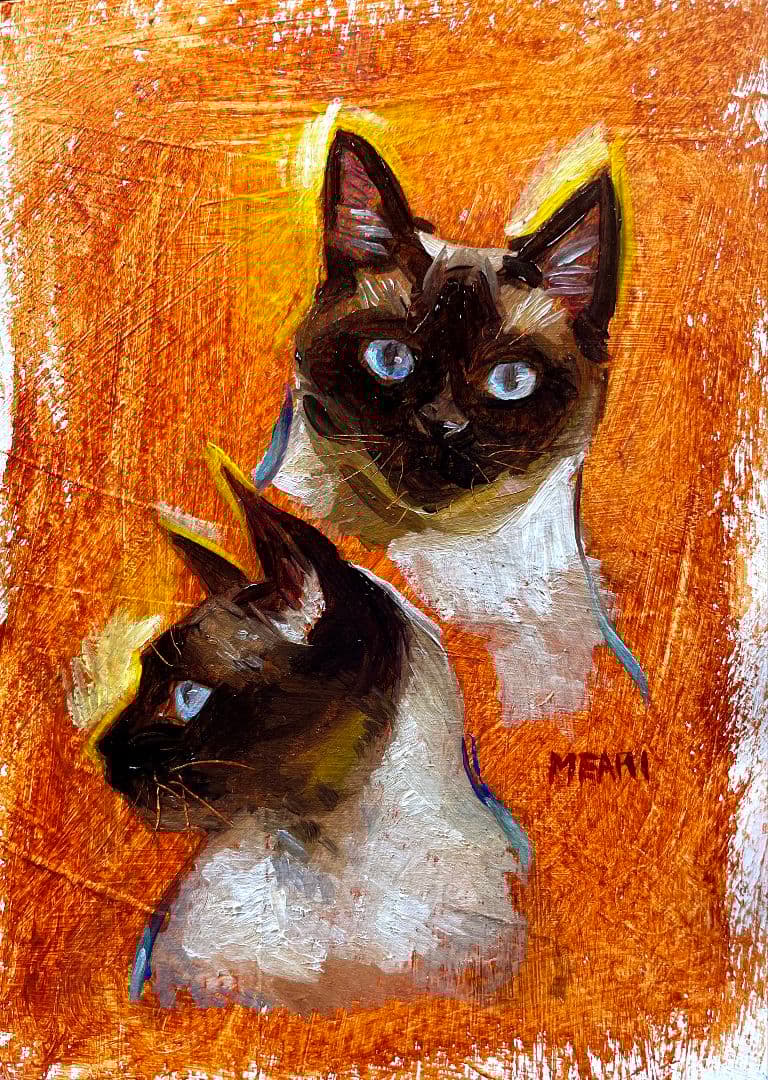 『青い目の兄弟』サイアミーズ　シャム猫　油絵　原画　絵画　一点物