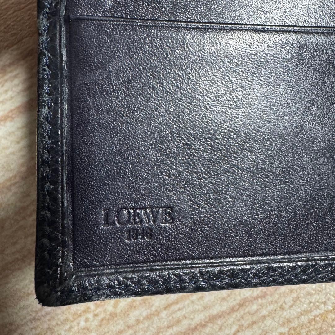 美品/LOEWEロエベ 二つ折り財布 アナグラム レザー ネイビー