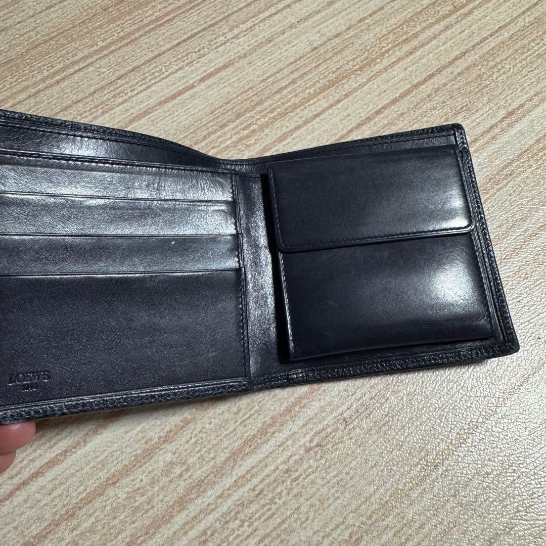 美品/LOEWEロエベ 二つ折り財布 アナグラム レザー ネイビー