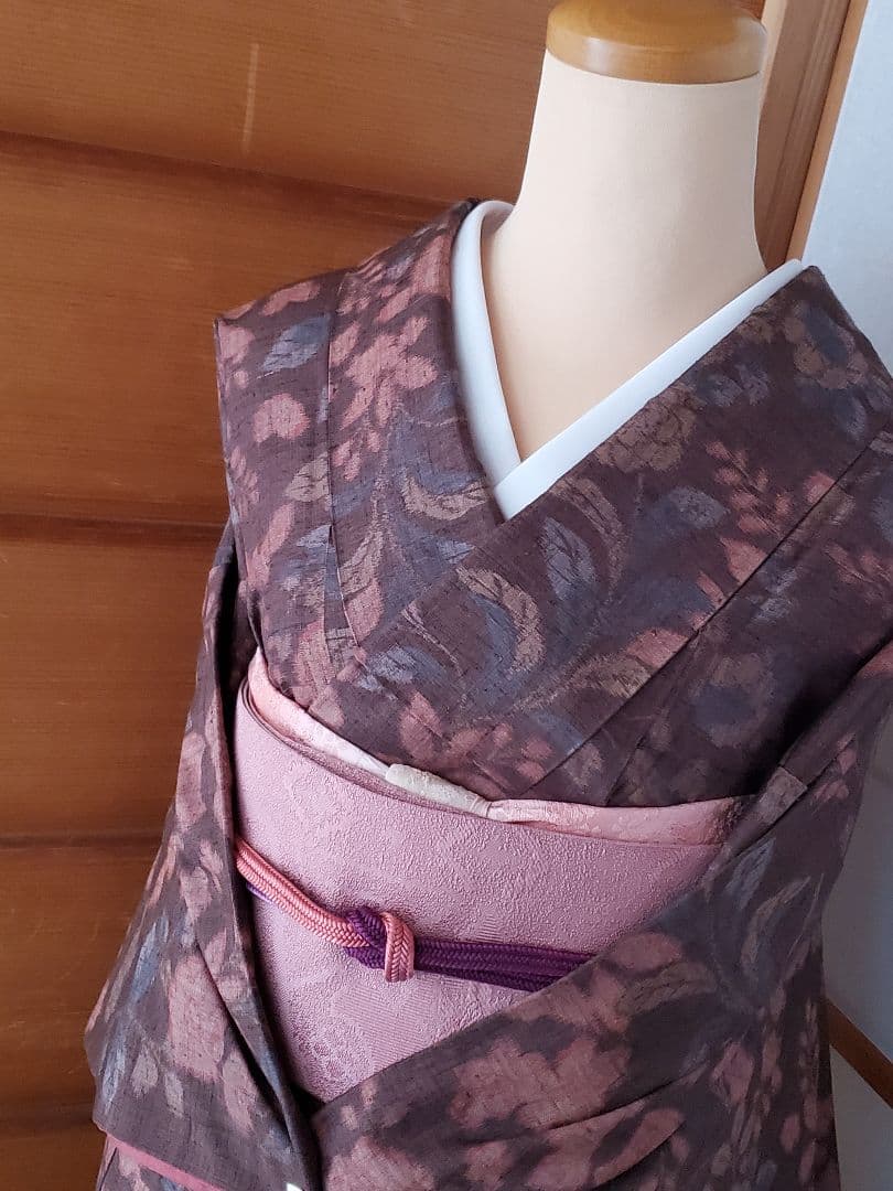 【スモールサイズ＊】辻が花の紬　茶色　ピンク　正絹　特価☆