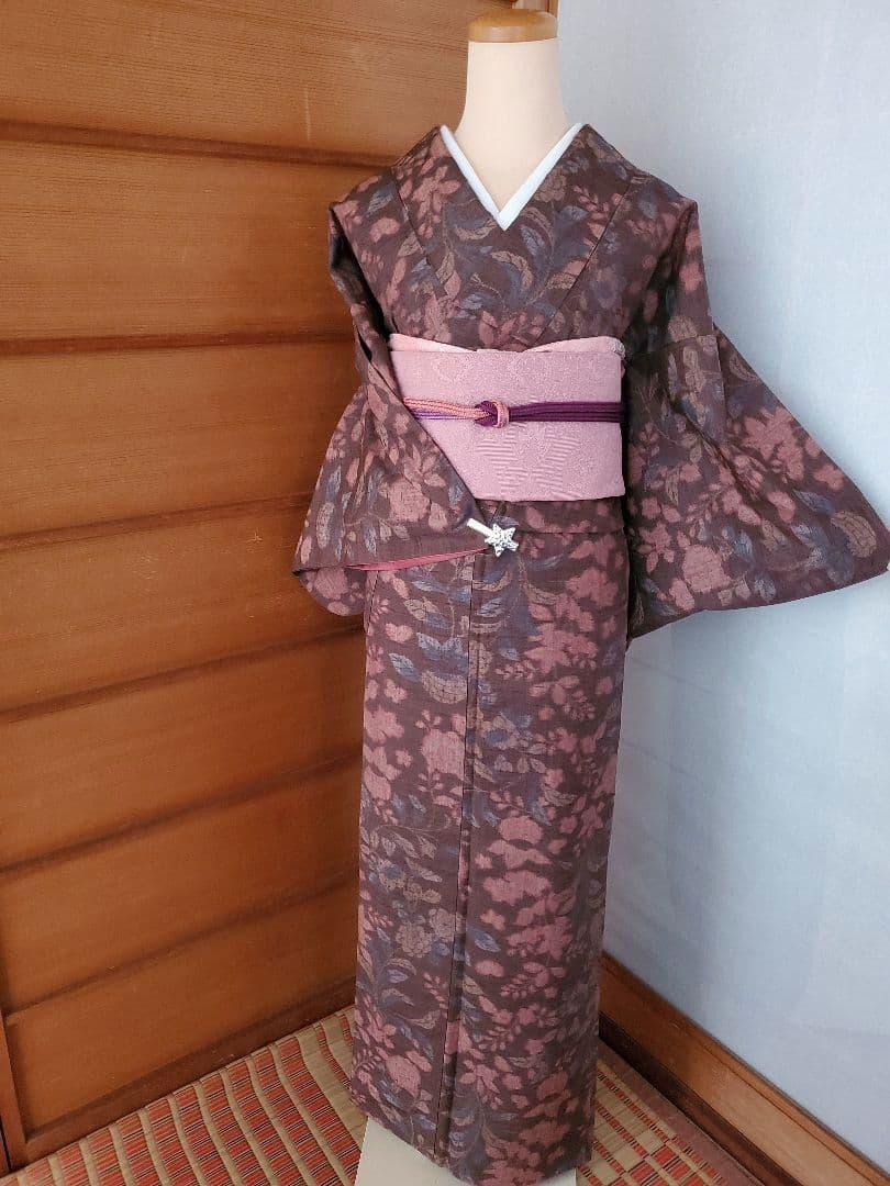 【スモールサイズ＊】辻が花の紬　茶色　ピンク　正絹　特価☆