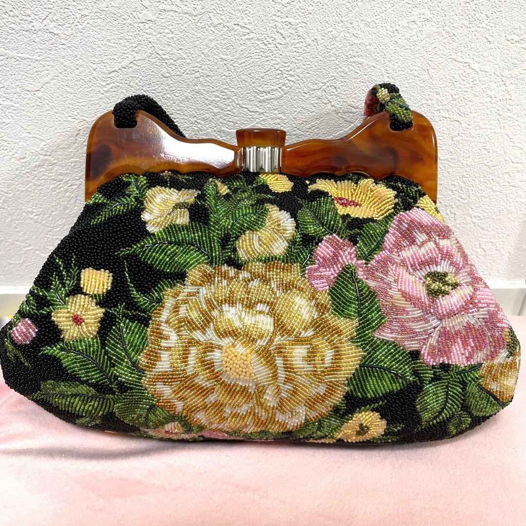和装　ビーズバッグ　花柄　成人式　パーティ　ハンドバッグ　昭和　レトロ　未使用