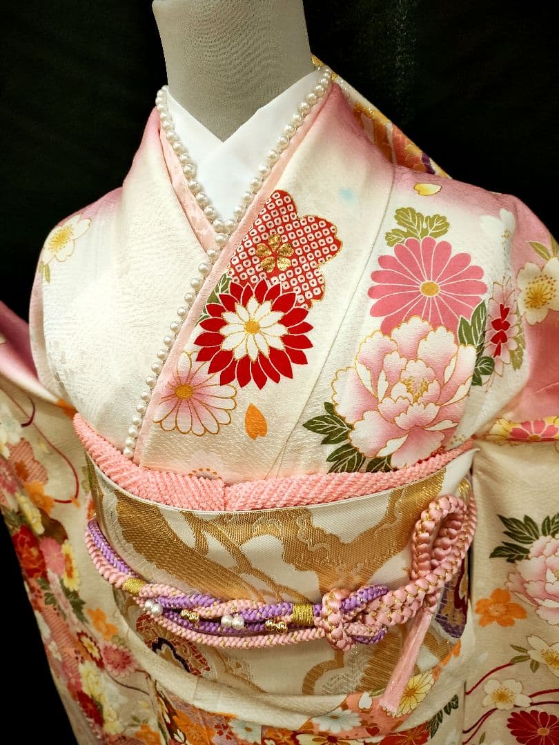 【新春大特価】クリーム×ピンク　可愛い　現代古典　振袖　その他セット