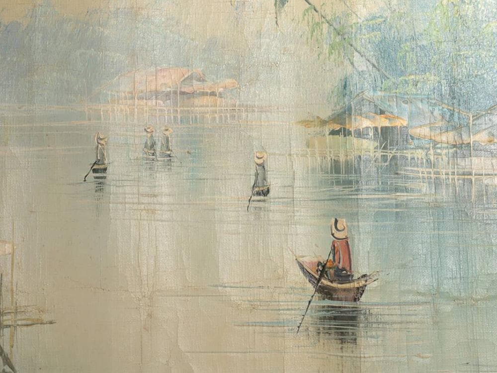 【絵】　★ 油画 東南アジア河岸風景図 ★　作家物　純手描き 真作保証　西洋書画