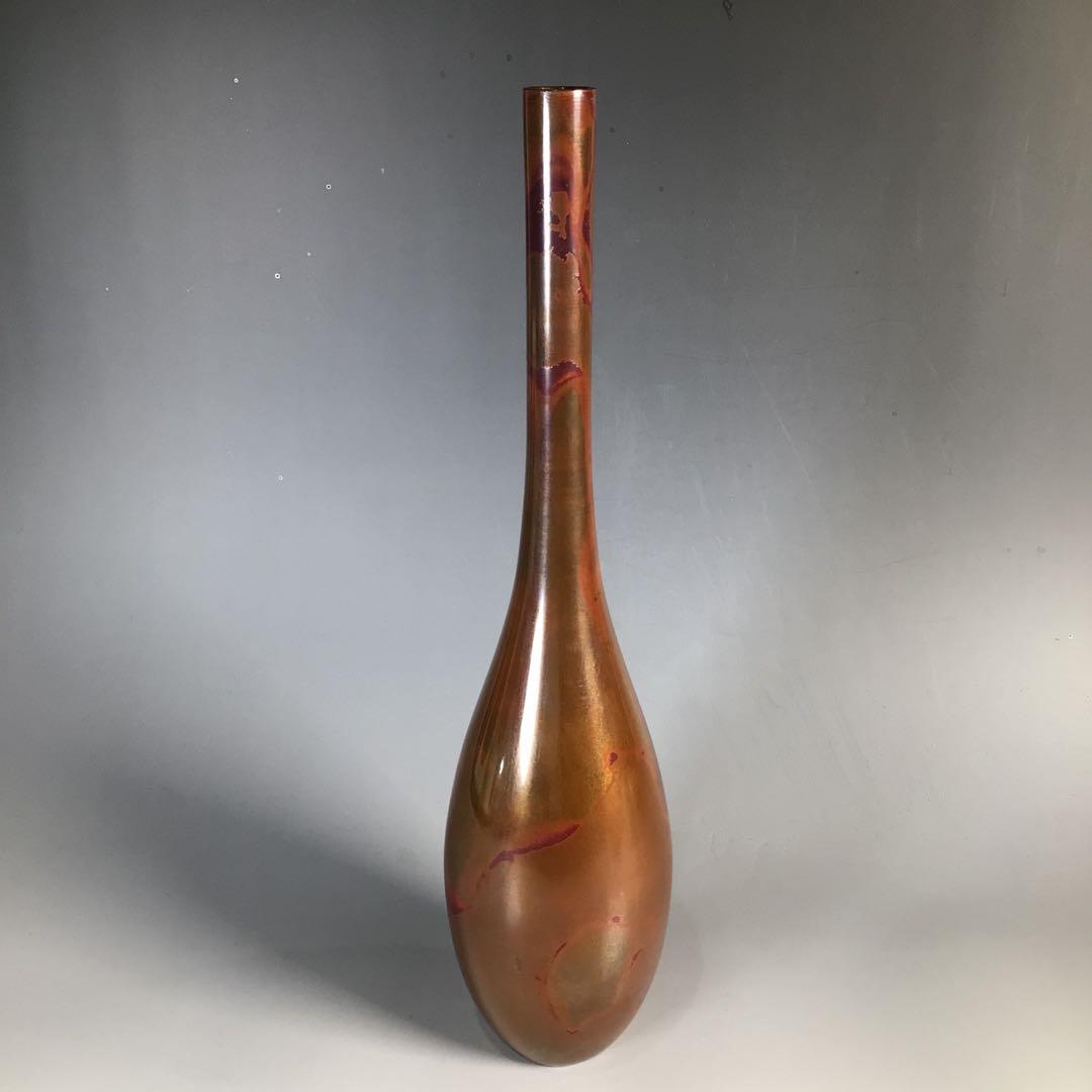 Ｎ２４６　花入　『鋳物師　金森紹栄造』『朱銅』『鶴首花入』　共箱　花器