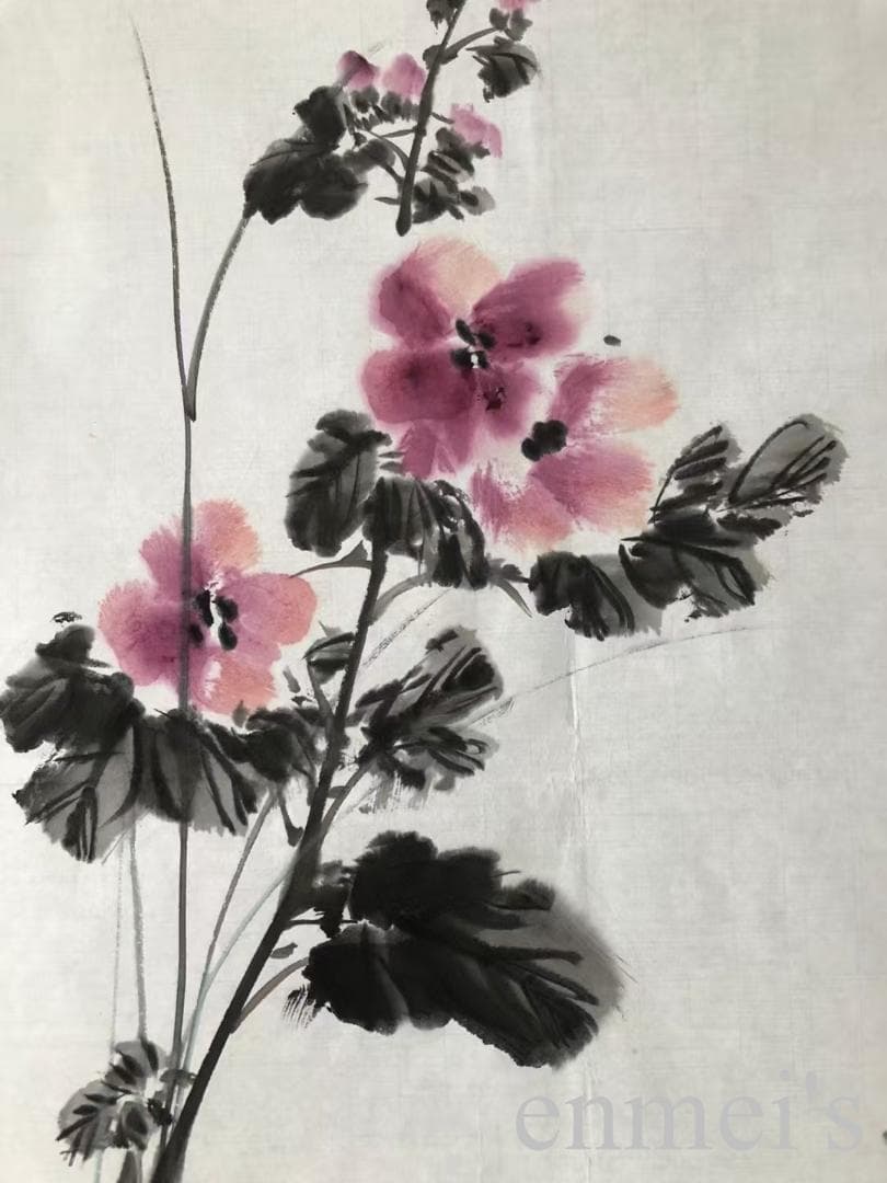 中国古美術・花卉図三尺画芯・朱軍印款・水墨彩色画・純手描き・文房・宣紙・带水印