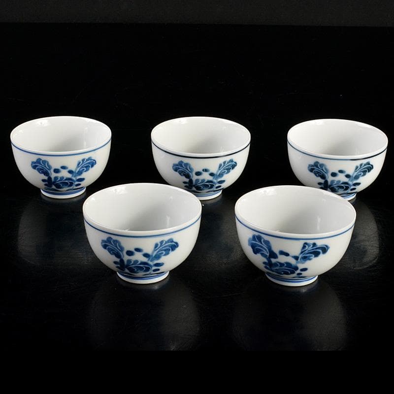 煎茶道具　賣茶好　染付　亥年白菜文　煎茶碗　5客　共箱　V　6194