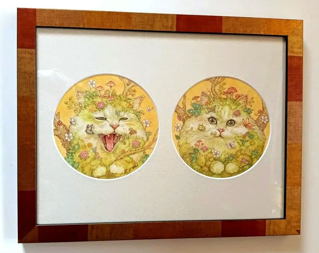 【原画】『苔むした猫　阿吽』植物　絵画　アンティーク