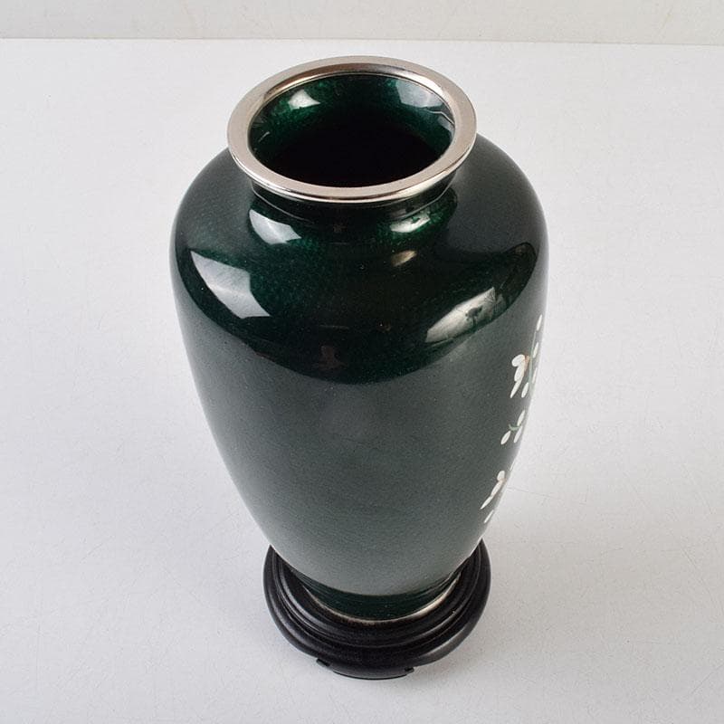 七宝焼　熱化工業　透釉　花鳥文　花瓶　唐木台・箱付　V　R9322