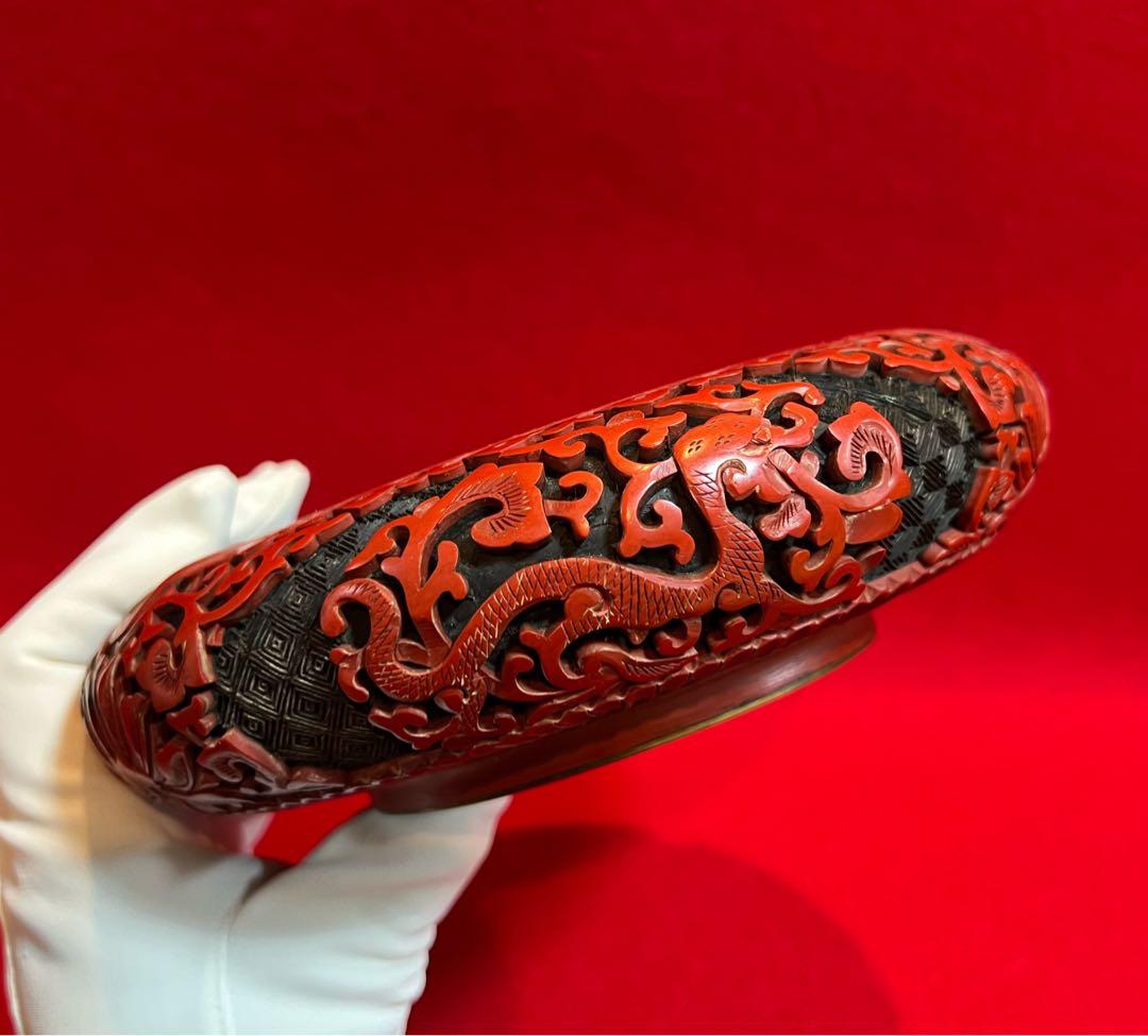 中国美術 古玩 堆朱 剔紅 漆彫 龍紋樣 寶相花紋樣 煙皿 置物