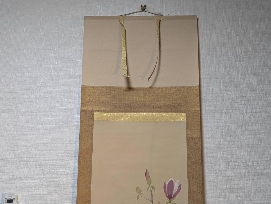 【真作】掛軸　元宗銘　木蓮と小鳥　春の訪れ　さえずる春景色　　Q84