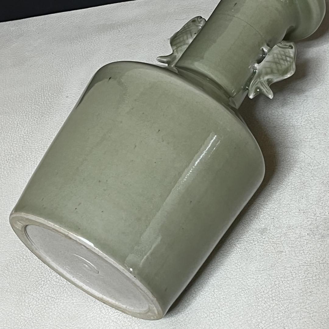 やっちゃん 阿漕焼 魚水庵 青磁 魚耳付 花生 共箱 耳付 【k3425】