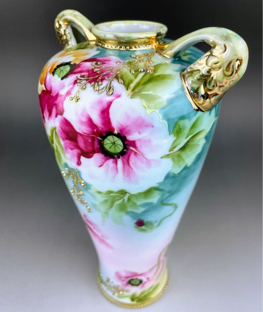 オールドノリタケ 約２３cm アールヌーボー ポピー花紋花瓶 金盛り 盛上げ