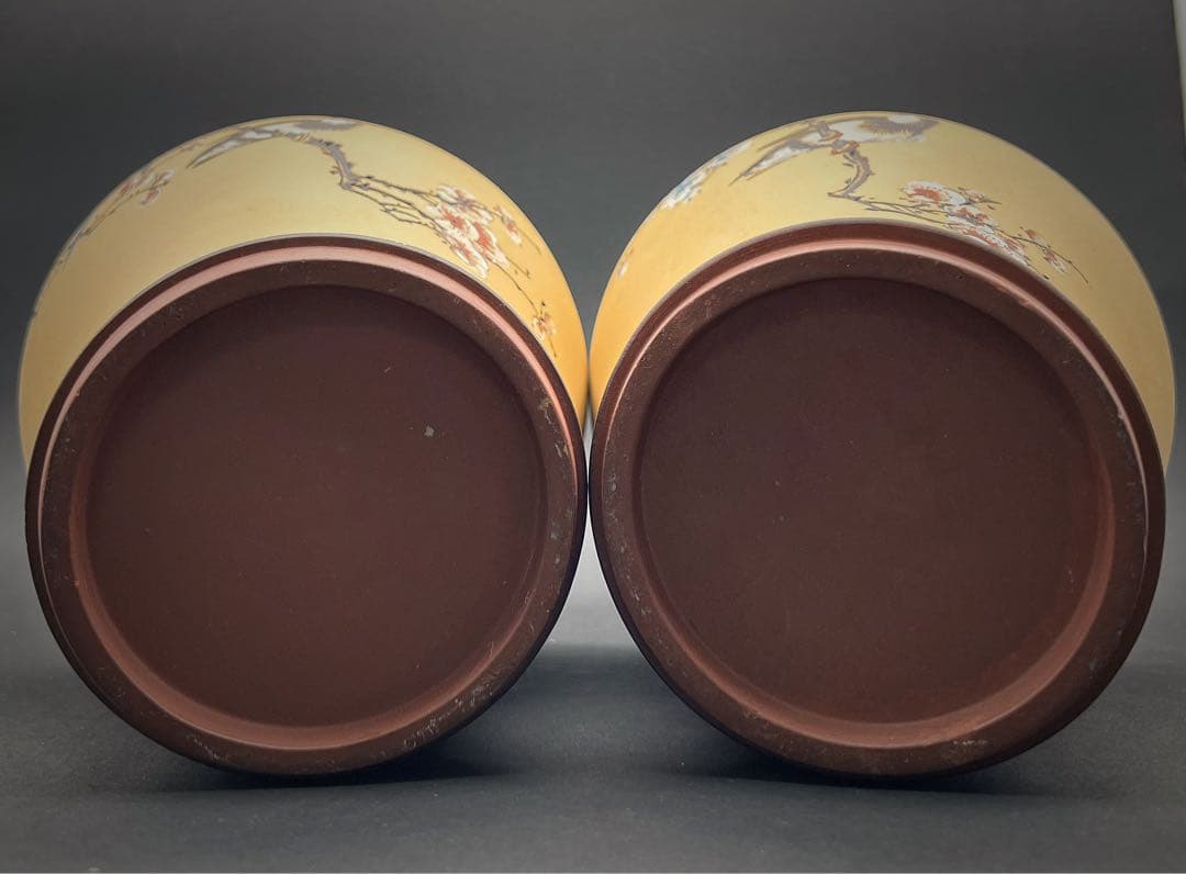 中国美術 中国古玩 中国宜興紫砂 花鳥紋樣花瓶2点