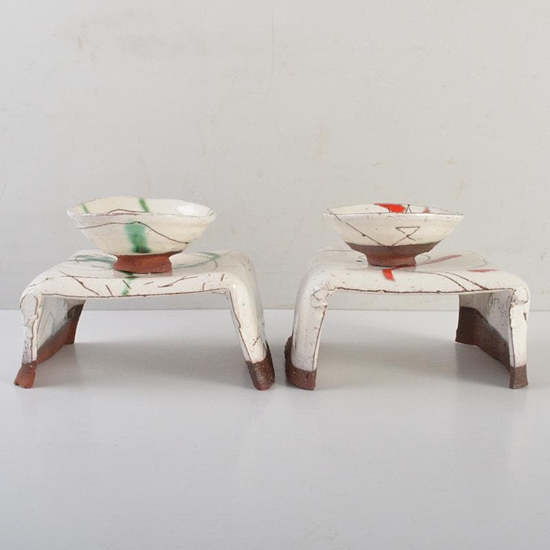 萬古焼　馬酔木窯　森正造　色絵　盃卓　一對　共箱　V　R7428