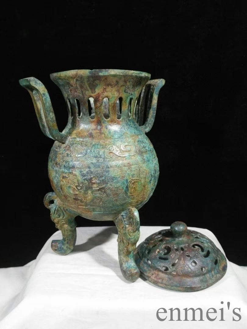 中国古美術 戦国 青銅器 朝冠耳香炉 禮器 香道具 風紋彫刻 芳香具 案頭 骨董